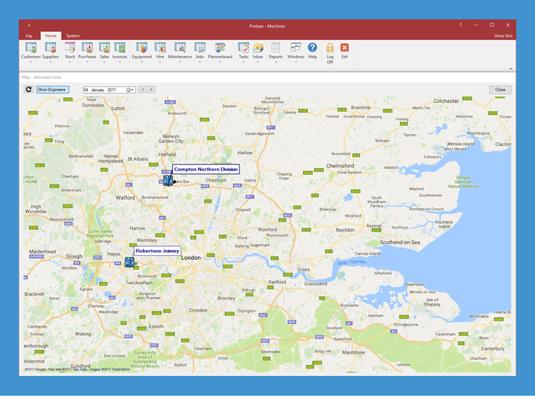 Mobile Engineer map on Protean's maintenance service engineer software