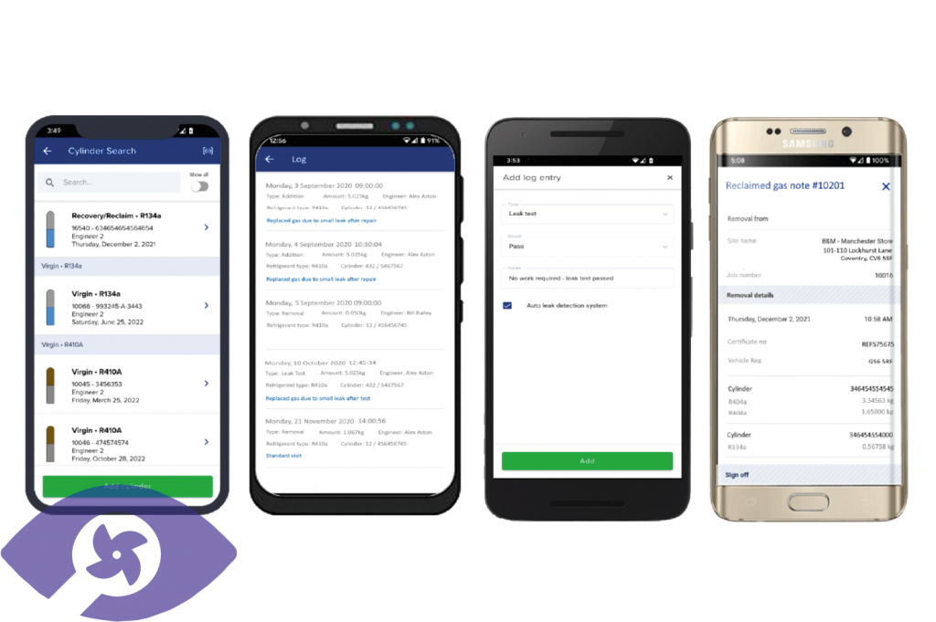 Protean's F-Gas engineer app displayed on mobile devices