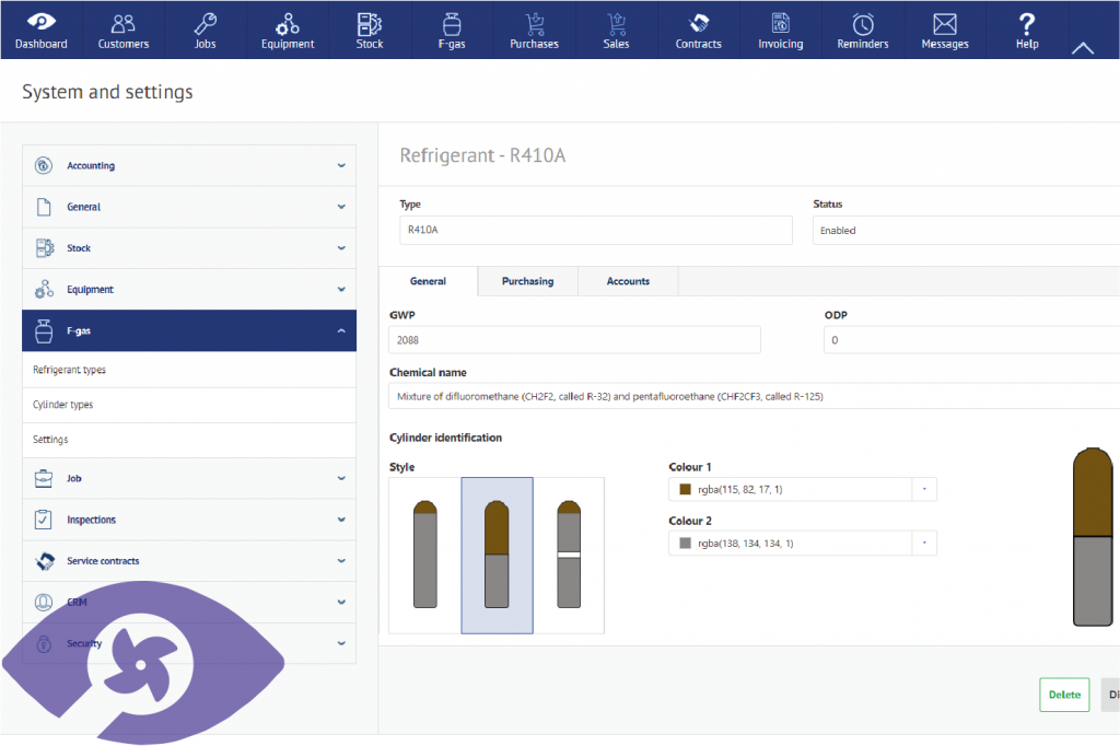 Screenshot of managing refrigerants by using ServiceSight HVAC Edition