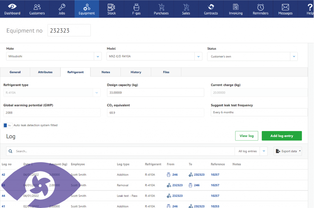Screenshot of F-Gas system management and equipment tracking